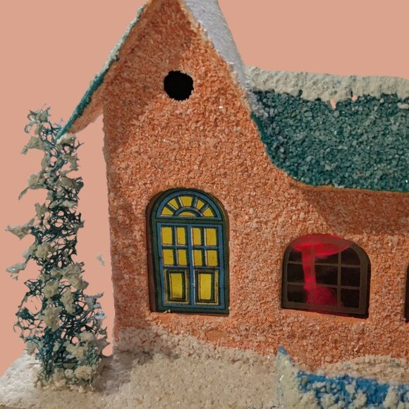 Vintage 1950s Christmas Japanese Putz House Peach Cardboard Cottage - Picture 4 of 4
